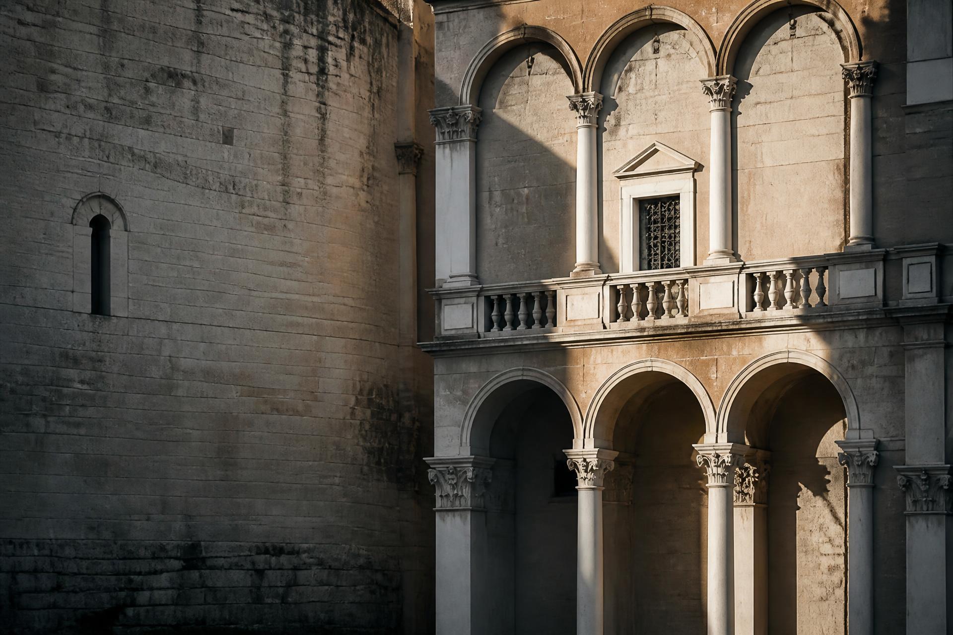 Facciata architettonica in pietra di un palazzo storico a Pistoia